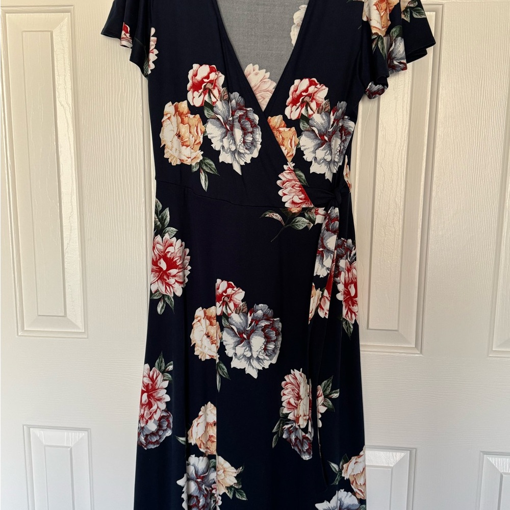 Navy floral Fortune + Ivy high low faux wrap dress